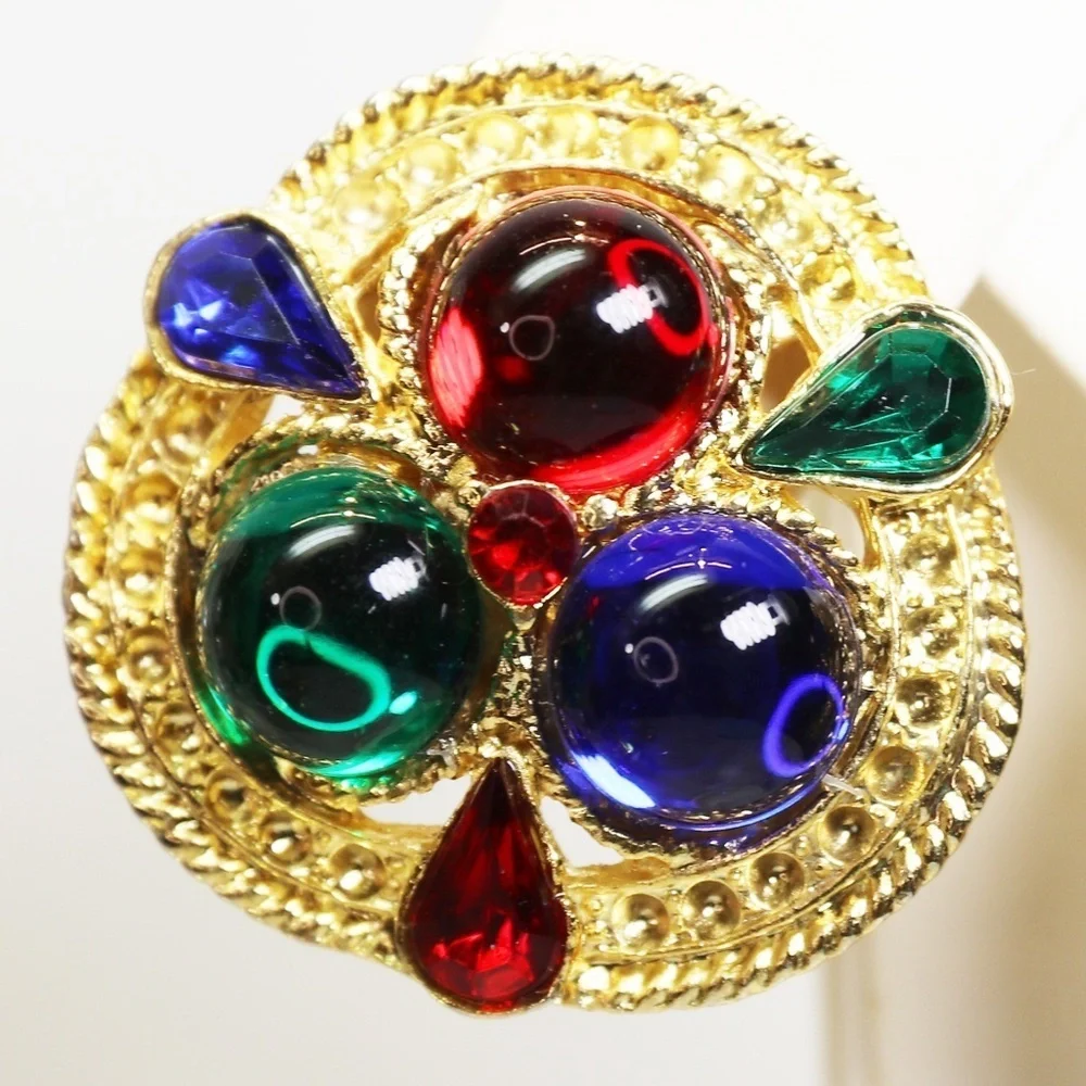 Earrings ~ Gold w/ Colorful Round Cabochons & Teardrop Crystals Clip-on Vintage